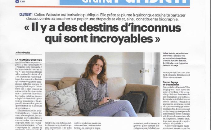 Céline Weissier, biographe dans l'Oise, le Val d'Oise et Paris, est à la une du Parisien du 15 mars 2023.