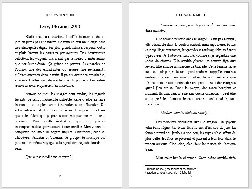 Céline Weissier, biographe à Paris, dans l'Oise, à Rouen Amiens et Reims, présente Tout va bien, merci ! de Jordan Carrier dans cet extrait du manuscrit. 